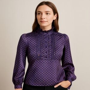 J. Crew Silk Gold Polka Dot Purple High Neck Ruffle Blouse